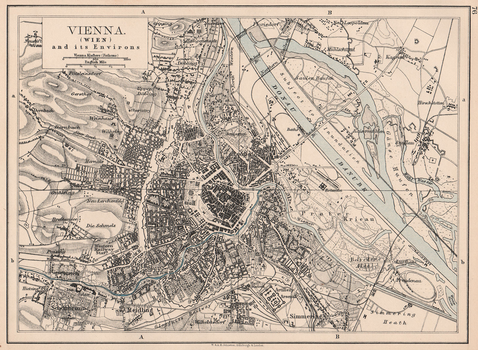 VIENNA (WIEN) . City plan. Danube river. Austria. JOHNSTON 1906 old map